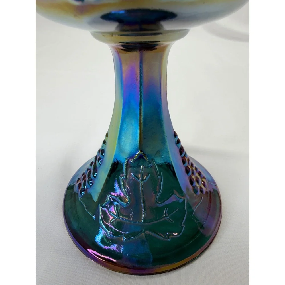 Vtg Carnival Glass HarvestGrape Compote Iridescent TealBlue Candy Dish Lid 9.75